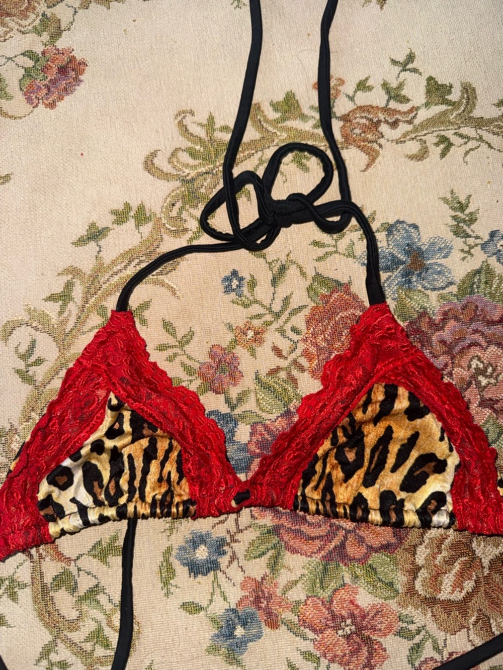 Red Lace & Leopard Triangle Bikini top